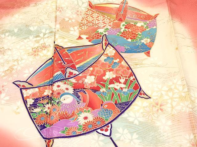 平和屋着物[]七五三 女の子 ７歳 祝着 四つ身 糸車 飛鶴鴛鴦花文 暈し染め 金銀彩 逸品 DABC5474ma