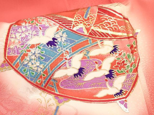 平和屋着物[]七五三　女の子　７歳　祝着　四つ身　糸車　飛鶴鴛鴦花文　暈し染め　金銀彩　逸品　DABC5474ma