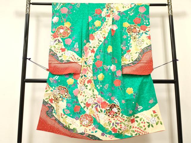 平和屋着物[]七五三　女の子　７歳　祝着　四つ身　草花文　金銀彩　逸品　DABC5475ma