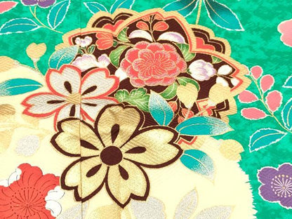 平和屋着物[]七五三　女の子　７歳　祝着　四つ身　草花文　金銀彩　逸品　DABC5475ma