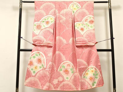 平和屋着物[]七五三　女の子　７歳　祝着　四つ身　絞り　花青海波　逸品　DABC5478ma