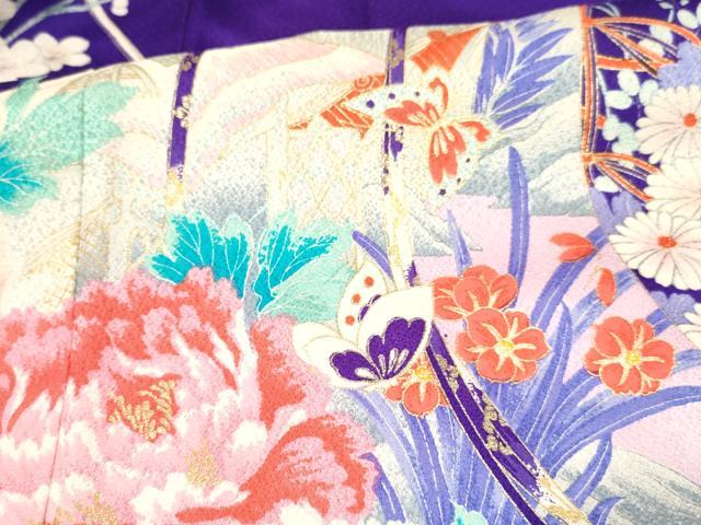 平和屋着物[]七五三　女の子　７歳　祝着　四つ身　几帳群れ鶴花蝶文　金彩　逸品　DABC5481ma