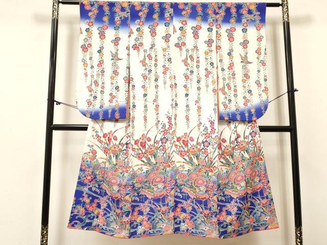 平和屋着物[]七五三　女の子　７歳　祝着　四つ身　型染　風景花鳥文　暈し染め　逸品　DABC5483ma
