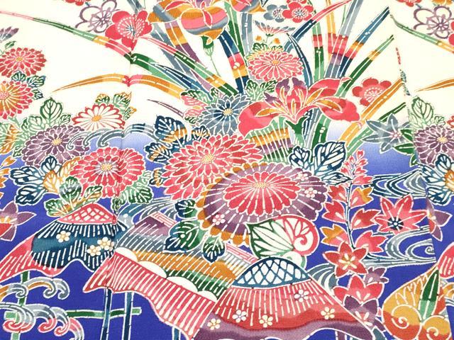 平和屋着物[]七五三　女の子　７歳　祝着　四つ身　型染　風景花鳥文　暈し染め　逸品　DABC5483ma