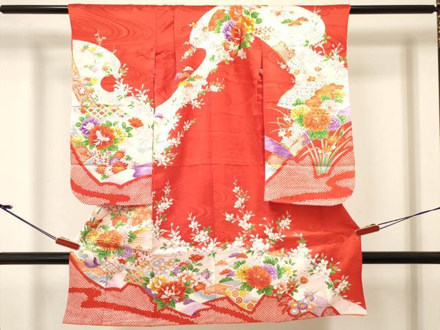 平和屋着物[]七五三　女の子　３歳　祝着　三つ身　駒刺繍　花蝶文　金彩　DABC5484ma