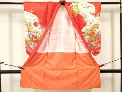 平和屋着物[]七五三　女の子　３歳　祝着　三つ身　駒刺繍　花蝶文　金彩　DABC5484ma