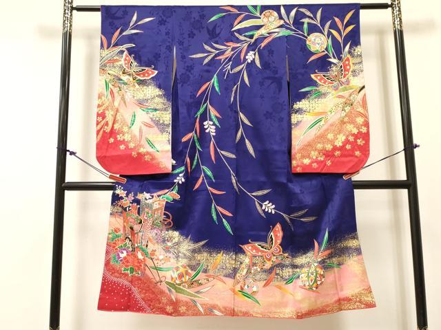 平和屋着物[]七五三　女の子　７歳　祝着　四つ身　御所車花蝶文　暈し染め　金彩　逸品　DABC5485ma