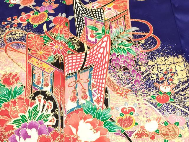 平和屋着物[]七五三　女の子　７歳　祝着　四つ身　御所車花蝶文　暈し染め　金彩　逸品　DABC5485ma
