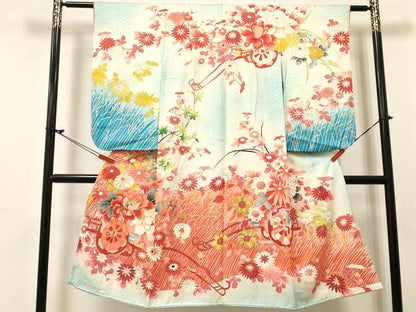 平和屋着物[]七五三　女の子　７歳　祝着　四つ身　駒刺繍　花車文　暈し染め　金彩　逸品　DABC5486ma