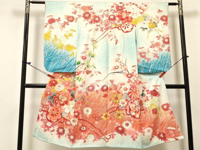 平和屋着物[]七五三　女の子　７歳　祝着　四つ身　駒刺繍　花車文　暈し染め　金彩　逸品　DABC5486ma