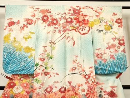 平和屋着物[]七五三　女の子　７歳　祝着　四つ身　駒刺繍　花車文　暈し染め　金彩　逸品　DABC5486ma