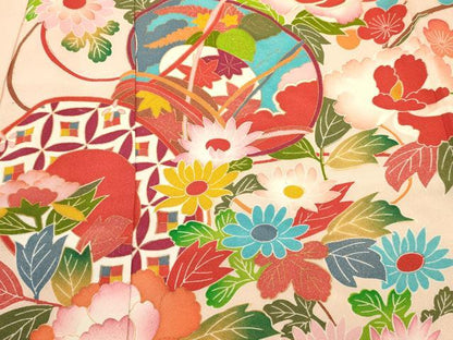 平和屋着物[]七五三　女の子　７歳　祝着　四つ身　鼓花文　暈し染め　金彩　逸品　DABC5487ma