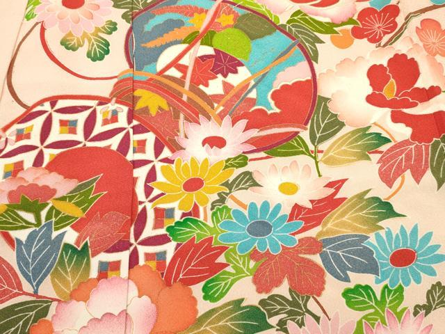 平和屋着物[]七五三　女の子　７歳　祝着　四つ身　鼓花文　暈し染め　金彩　逸品　DABC5487ma