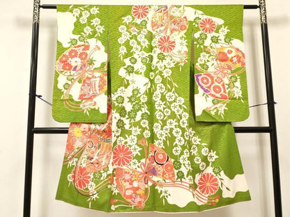 平和屋着物[]七五三　女の子　７歳　祝着　四つ身　駒刺繍　扇面御所車花文　金彩　逸品　DABC5488ma