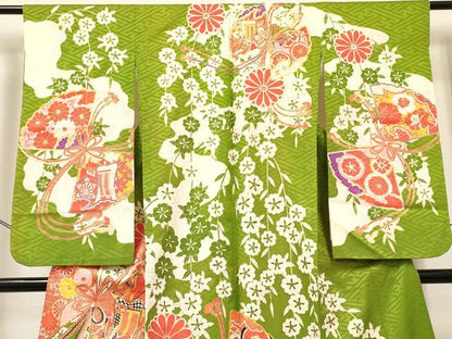 平和屋着物[]七五三　女の子　７歳　祝着　四つ身　駒刺繍　扇面御所車花文　金彩　逸品　DABC5488ma