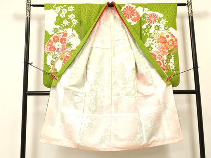平和屋着物[]七五三　女の子　７歳　祝着　四つ身　駒刺繍　扇面御所車花文　金彩　逸品　DABC5488ma