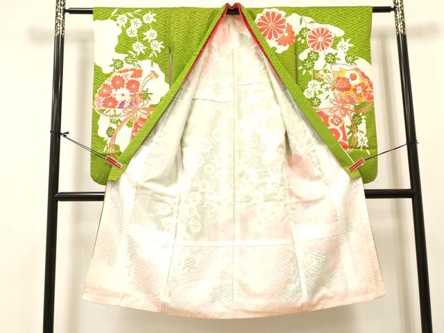 平和屋着物[]七五三　女の子　７歳　祝着　四つ身　駒刺繍　扇面御所車花文　金彩　逸品　DABC5488ma