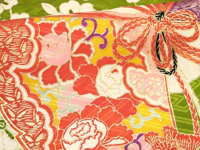 平和屋着物[]七五三　女の子　７歳　祝着　四つ身　駒刺繍　扇面御所車花文　金彩　逸品　DABC5488ma