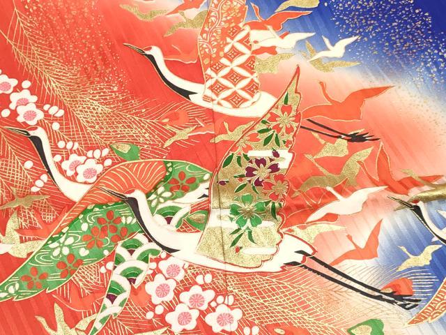 平和屋着物[]七五三　女の子　７歳　祝着　四つ身　群れ鶴花文　暈し染め　金彩　そごう百貨店扱い　逸品　DABC5489ma
