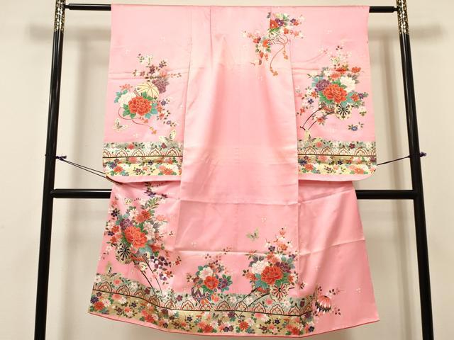 平和屋着物[]七五三　女の子　７歳　祝着　四つ身　鞠　舞蝶花車文　金銀彩　逸品　DABC5492ma