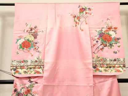 平和屋着物[]七五三　女の子　７歳　祝着　四つ身　鞠　舞蝶花車文　金銀彩　逸品　DABC5492ma
