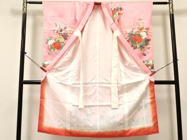 平和屋着物[]七五三　女の子　７歳　祝着　四つ身　鞠　舞蝶花車文　金銀彩　逸品　DABC5492ma