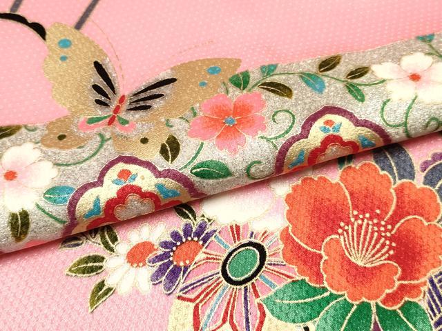 平和屋着物[]七五三　女の子　７歳　祝着　四つ身　鞠　舞蝶花車文　金銀彩　逸品　DABC5492ma