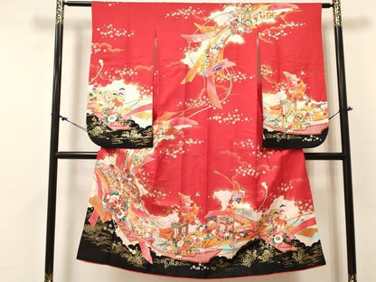 平和屋着物[]七五三　女の子　７歳　祝着　四つ身　駒刺繍　雪輪器物花文　金彩　DABC5493ma