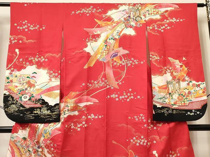平和屋着物[]七五三　女の子　７歳　祝着　四つ身　駒刺繍　雪輪器物花文　金彩　DABC5493ma