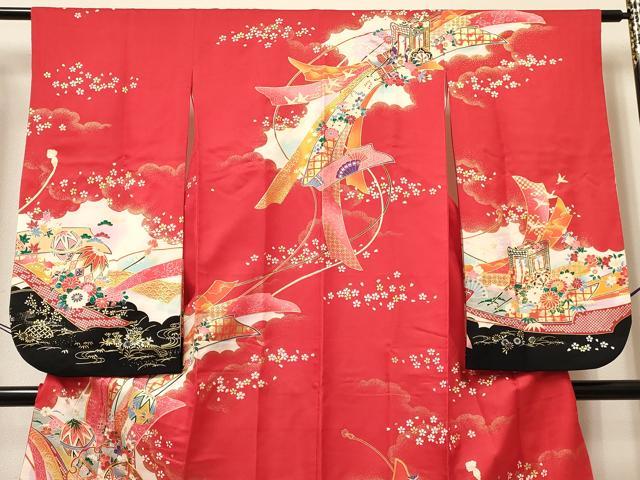 平和屋着物[]七五三　女の子　７歳　祝着　四つ身　駒刺繍　雪輪器物花文　金彩　DABC5493ma