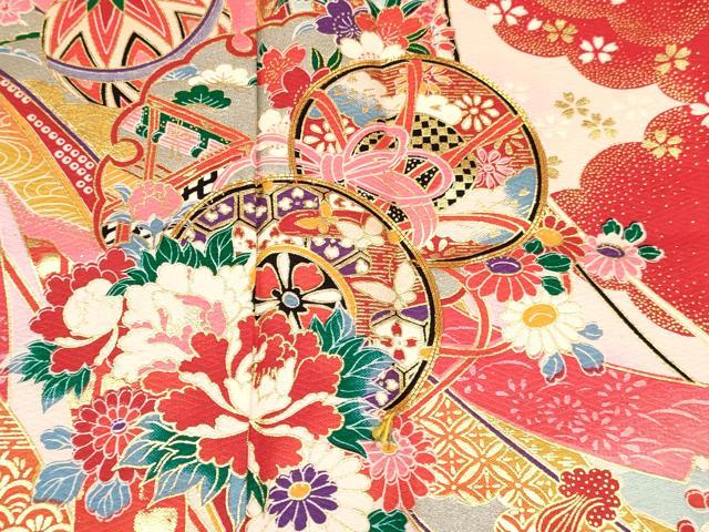 平和屋着物[]七五三　女の子　７歳　祝着　四つ身　駒刺繍　雪輪器物花文　金彩　DABC5493ma