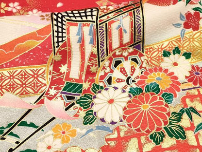 平和屋着物[]七五三　女の子　７歳　祝着　四つ身　駒刺繍　雪輪器物花文　金彩　DABC5493ma