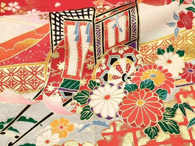 平和屋着物[]七五三　女の子　７歳　祝着　四つ身　駒刺繍　雪輪器物花文　金彩　DABC5493ma
