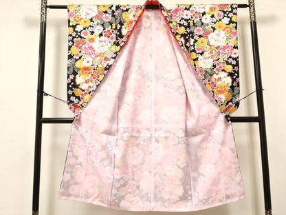 平和屋着物[]七五三　女の子　７歳　祝着　四つ身　襦袢(単衣)セット　雪輪花文　黒地　金彩　洗える着物　DABC5497ma