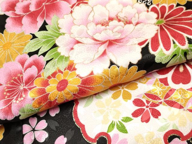 平和屋着物[]七五三　女の子　７歳　祝着　四つ身　襦袢(単衣)セット　雪輪花文　黒地　金彩　洗える着物　DABC5497ma