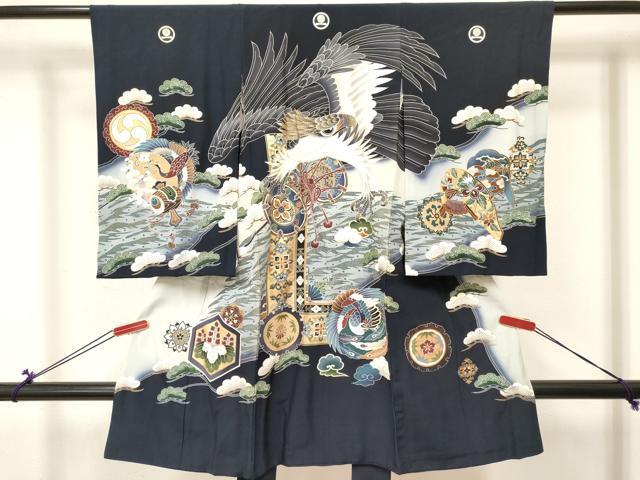 平和屋着物[]お宮参り 男の子 祝着 産着 初着 のしめ 鷹 鷲 鼓花鳥文 暈し染め 金彩 逸品 DABC5501ma
