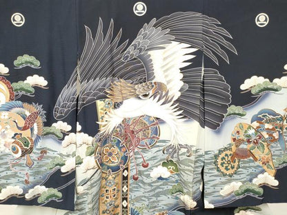平和屋着物[]お宮参り　男の子　祝着　産着　初着　のしめ　鷹　鷲　鼓花鳥文　暈し染め　金彩　逸品　DABC5501ma