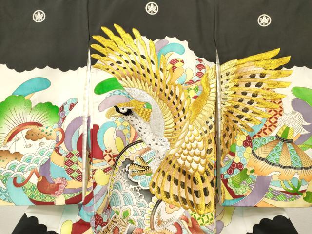 平和屋着物[]お宮参り 男の子 祝着 産着 初着 のしめ 刺繍 鷹 鷲 打ち出の小槌 花松文 暈し染め 金彩 逸品 未使用 DABC5502ma