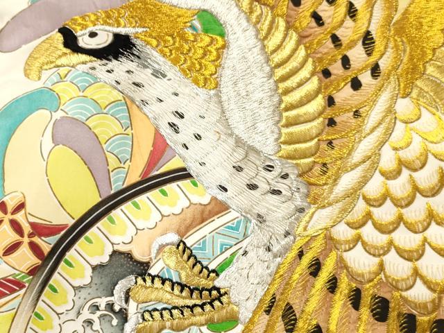 平和屋着物[]お宮参り　男の子　祝着　産着　初着　のしめ　刺繍　鷹 鷲 打ち出の小槌　花松文　暈し染め　金彩　逸品　未使用　DABC5502ma