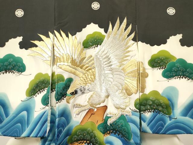 平和屋着物[]お宮参り　男の子　祝着　産着　初着　のしめ　刺繍　鷹　鷲　流水松文　暈し染め　金彩　逸品　DABC5503ma
