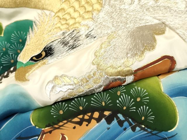 平和屋着物[]お宮参り 男の子 祝着 産着 初着 のしめ 刺繍 鷹 鷲 流水松文 暈し染め 金彩 逸品 DABC5503ma