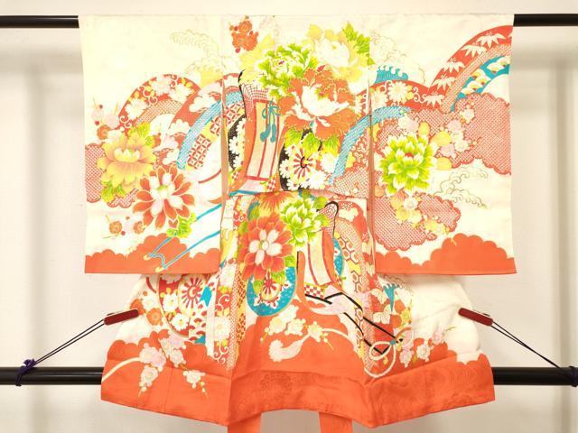 平和屋着物[]お宮参り　女の子　祝着　産着　初着　のしめ　刺繍　御所車花文　金彩　逸品　DABC5505ma