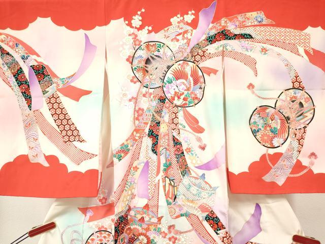 平和屋着物[]お宮参り　女の子　祝着　産着　初着　のしめ　束ね熨斗　鼓飛鶴糸車花文　暈し染め　金銀彩　逸品　DABC5506ma