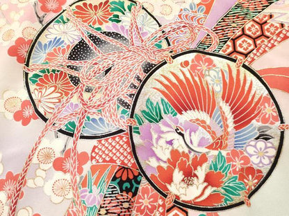 平和屋着物[]お宮参り　女の子　祝着　産着　初着　のしめ　束ね熨斗　鼓飛鶴糸車花文　暈し染め　金銀彩　逸品　DABC5506ma