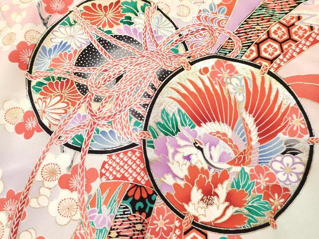平和屋着物[]お宮参り　女の子　祝着　産着　初着　のしめ　束ね熨斗　鼓飛鶴糸車花文　暈し染め　金銀彩　逸品　DABC5506ma