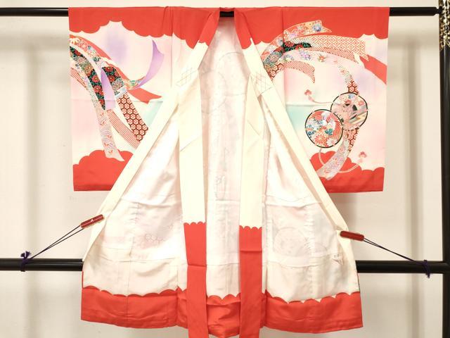 平和屋着物[]お宮参り 女の子 祝着 産着 初着 のしめ 束ね熨斗 鼓飛鶴糸車花文 暈し染め 金銀彩 逸品 DABC5506ma