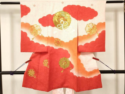 平和屋着物[]お宮参り　女の子　祝着　産着　初着　のしめ　駒刺繍　絞り　鏡裏向かい鳥花文　暈し染め　逸品　DABC5507ma