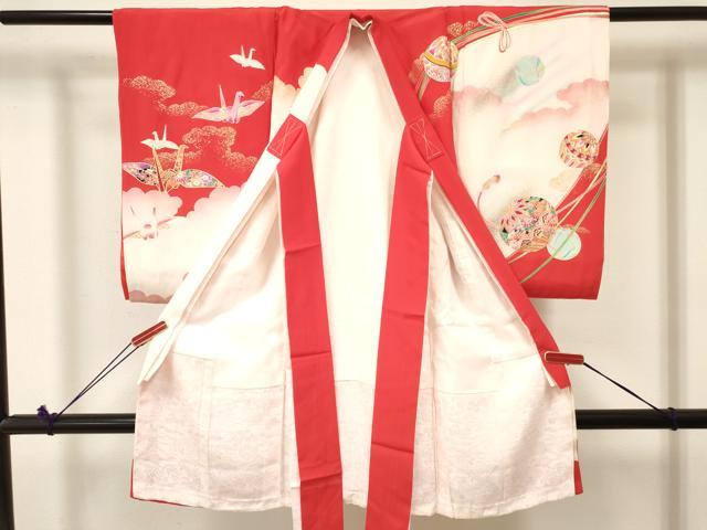 平和屋着物[]お宮参り　女の子　祝着　産着　初着　のしめ　折り鶴　鞠花文　暈し染め　金銀彩　逸品　DABC5508ma