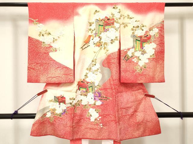 平和屋着物[]お宮参り 女の子 祝着 産着 初着 のしめ 御所車花文 暈し染め 金彩 逸品 DABC5512ma