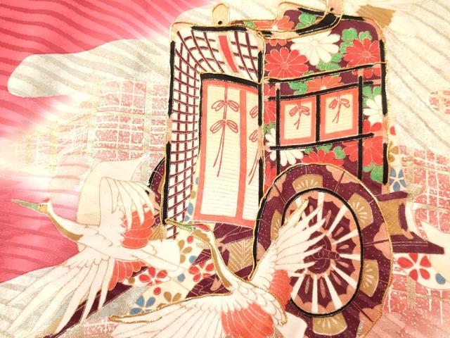 平和屋着物[]お宮参り　女の子　祝着　産着　初着　のしめ　駒刺繍　御所車飛鶴花文　暈し染め　金銀彩　逸品　DABC5515ma